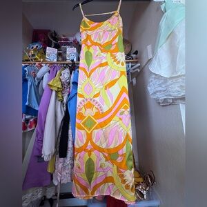 Papermoon Psychedelic Color Patterned Midi Dress with Slit and Bandeau Style Top